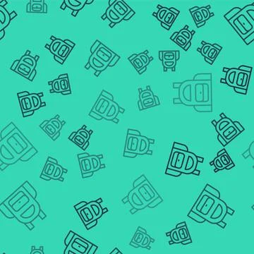 Black line School backpack icon isolated seamless pattern on green background Illustrazione stock