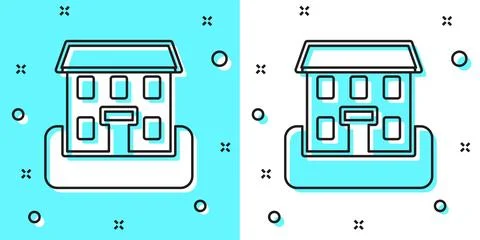 Black line School building icon isolated on green and white background. Rando Ilustración de archivo