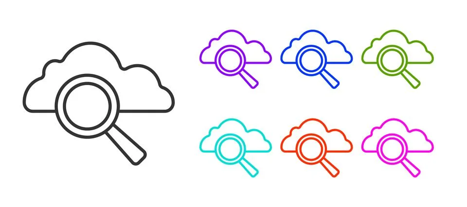 Black line Search cloud computing icon isolated on white background. Magnif.. Stock Illustration