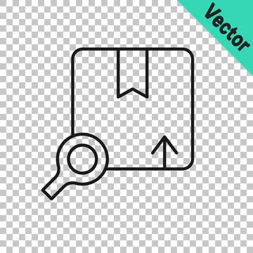 Black line Search package icon isolated on transparent background. Parcel Illustrazione stock