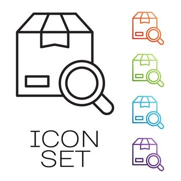 Black line Search package icon isolated on white background. Parcel trackin.. Stock Illustration