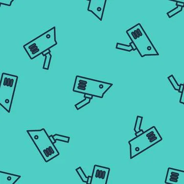 Black line Security camera icon isolated seamless pattern on green background Illustrazione stock