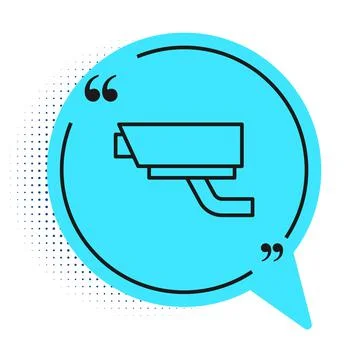 Black line Security camera icon isolated on white background. Blue speech bubble Illustrazione stock