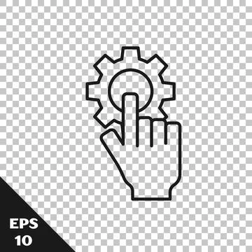 Black line Settings in the hand icon isolated on transparent background.  Vec Stock Illustration