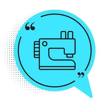 Black line Sewing machine icon isolated on white background. Blue speech bubble Stock Illustration