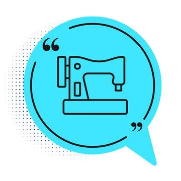 Black line Sewing machine icon isolated on white background. Blue speech bubble Stock Illustration