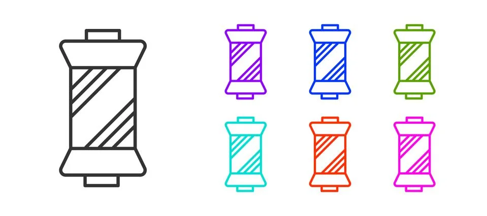 Black line Sewing thread on spool icon isolated on white background. Yarn spool Stock Illustration