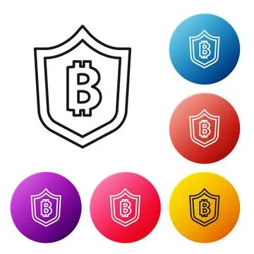 Black line Shield with bitcoin icon isolated on white background. Cryptocurre Illustrazione stock