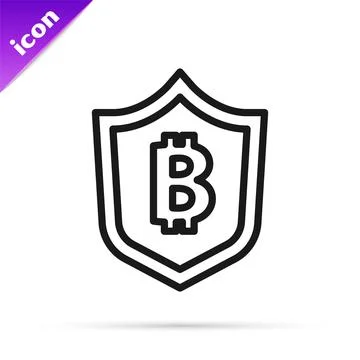 Black line Shield with bitcoin icon isolated on white background. Cryptocurre Illustrazione stock