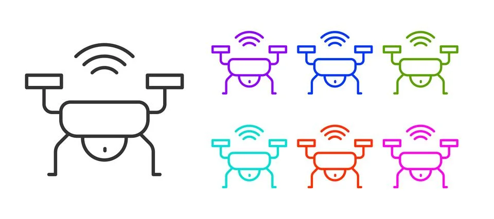 Black line Smart drone system icon isolated on white background. Quadrocopt.. Stock Illustration