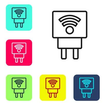 Black line Smart electric plug system icon isolated on white background Illustrazione stock