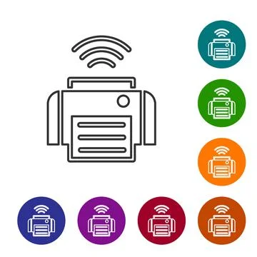 Black line Smart printer system icon isolated on white background. Internet of 스톡 일러스트