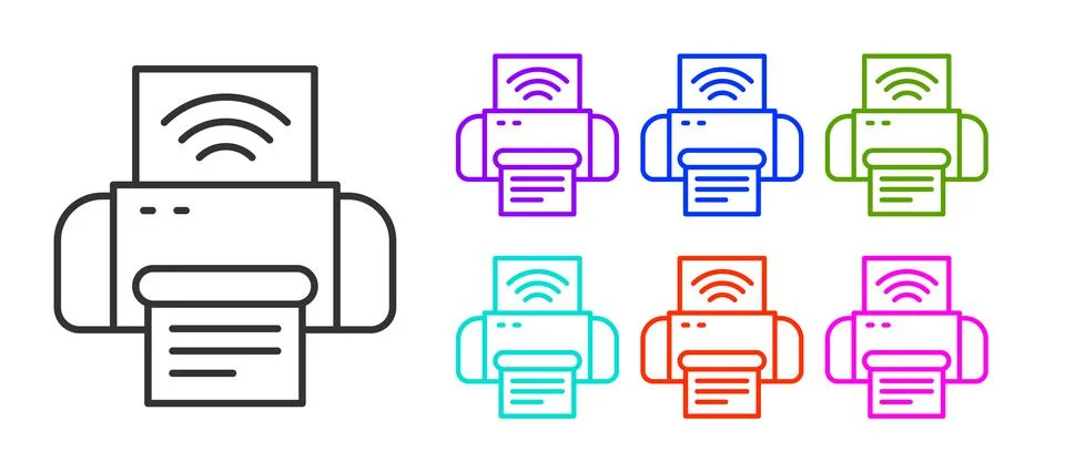 Black line Smart printer system icon isolated on white background. Internet of Stock Illustration