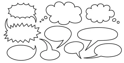 Black line speech and thought bubbles set. Hand drawn outline vector illust.. Stock Illustration