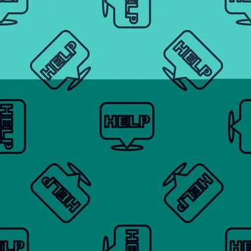 Black line Speech bubble with text Help icon isolated seamless pattern on green Stock Illustration