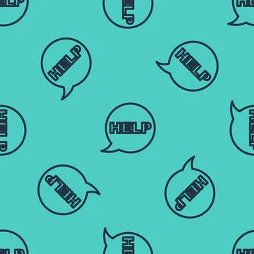 Black line Speech bubble with text Help icon isolated seamless pattern on green Stock Illustration