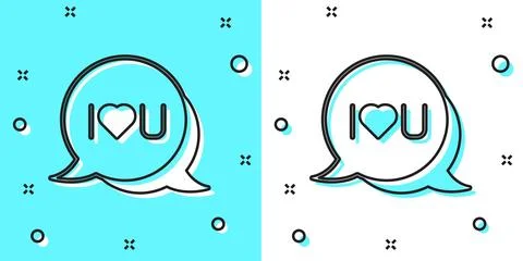 Black line Speech bubble with text I love you icon isolated on green and white Ilustração Stock