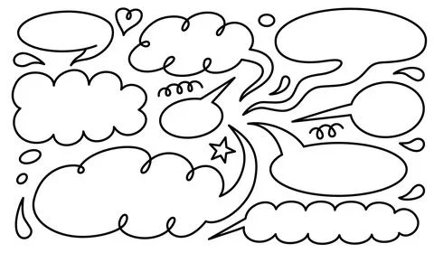 Black line speech bubbles set. Hand drawn outline vector illustration. Stock Illustration