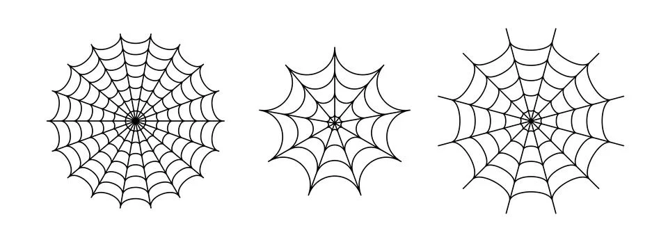 Black line spider web set. Simplified cobweb collection. Halloween frame and Illustrazione stock