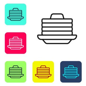 Black line Stack of pancakes with honey icon isolated on white background. .. Stock Illustration