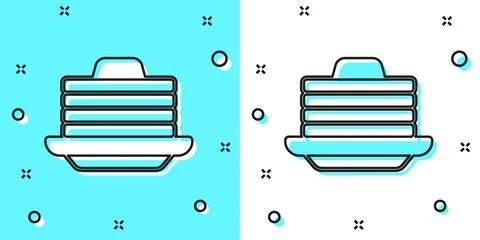 Black line Stack of pancakes with honey icon isolated on green and white ba.. Illustrazione stock