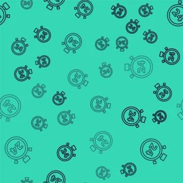 Black line Stopwatch 24 hours icon isolated seamless pattern on green background Stock Illustration