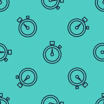Black line Stopwatch icon isolated seamless pattern on green background. Time Illustrazione stock