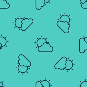 Black line Sun and cloud weather icon isolated seamless pattern on green 스톡 일러스트
