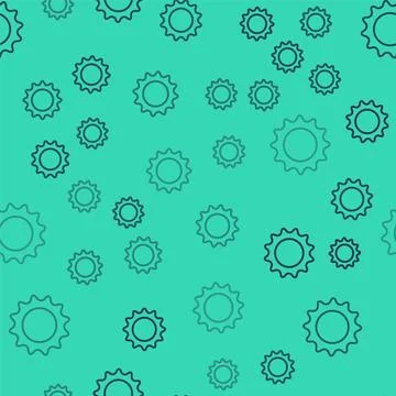 Black line Sun icon isolated seamless pattern on green background. Summer sym Illustrazione stock