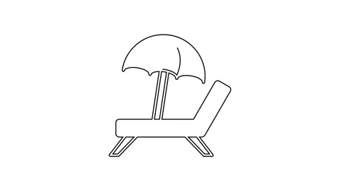 Black line Sunbed icon isolated on white background. Beach umbrella and Sun Stock Footage 159297655