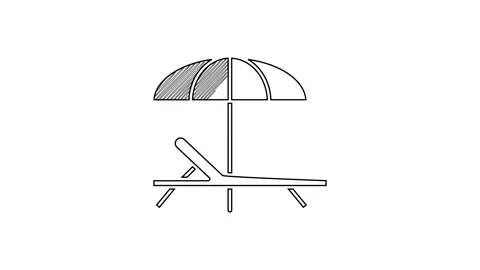 Black line Sunbed icon isolated on white background. Beach umbrella and Sun Stock Footage 201420349
