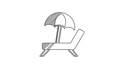 Black line Sunbed icon isolated on white background. Beach umbrella and Sun Stock Footage 201609654