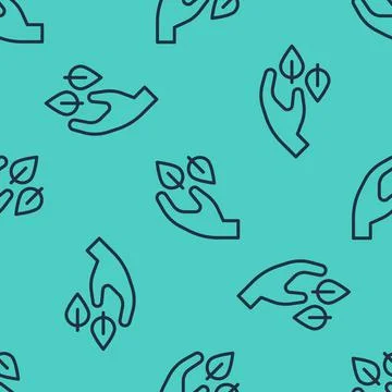 Black line Tea leaf in hand icon isolated seamless pattern on green background Stock Illustration