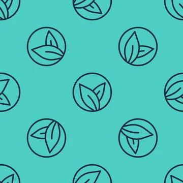Black line Tea leaf icon isolated seamless pattern on green background. Tea l Stock Illustration