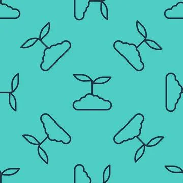 Black line Tea leaf icon isolated seamless pattern on green background. Tea Illustrazione stock