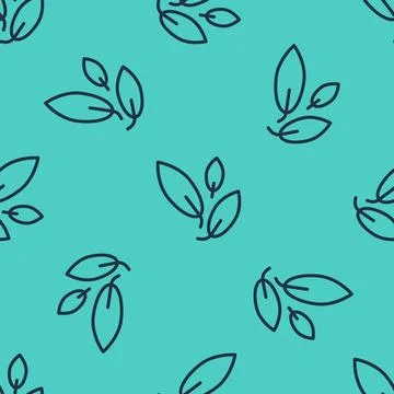 Black line Tea leaf icon isolated seamless pattern on green background. Tea Illustrazione stock