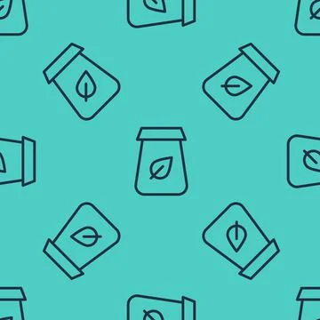 Black line Tea packaging icon isolated seamless pattern on green background Stock Illustration