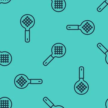 Black line Tea strainer with handle icon isolated seamless pattern on green Stock Illustration