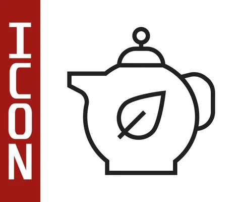 Black line Teapot with leaf icon isolated on white background. Vector Stock Illustration