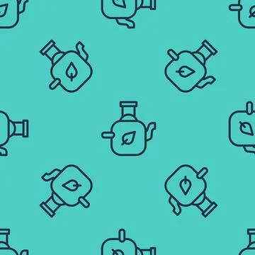 Black line Teapot with leaf icon isolated seamless pattern on green background Stock Illustration