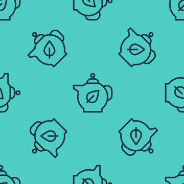 Black line Teapot with leaf icon isolated seamless pattern on green background 스톡 일러스트