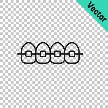 Black line Teeth with braces icon isolated on transparent background. Align.. Stock Illustration