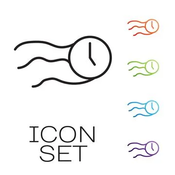 Black line Time flies on the clock icon isolated on white background. Set ico Stock Illustration