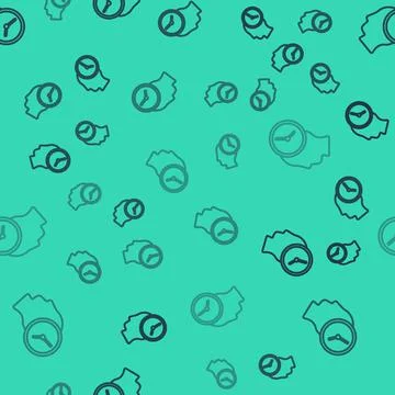 Black line Time Management icon isolated seamless pattern on green background Stock Illustration