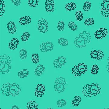 Black line Time Management icon isolated seamless pattern on green background Stock Illustration