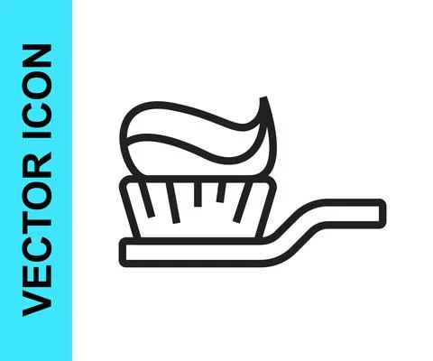 Black line Toothbrush with toothpaste icon isolated on white background. Vector Stock Illustration