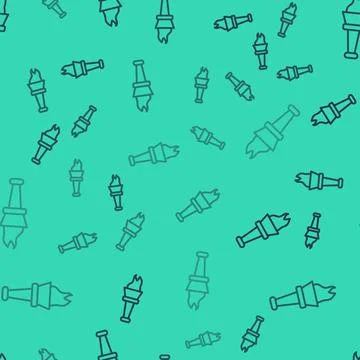 Black line Torch flame icon isolated seamless pattern on green background イラスト素材