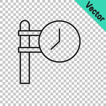 Black line Train station clock icon isolated on transparent background. Vector Stock Illustration