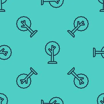 Black line Tree icon isolated seamless pattern on green background. Forest Stock Illustration