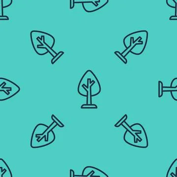 Black line Tree icon isolated seamless pattern on green background. Forest Stock Illustration